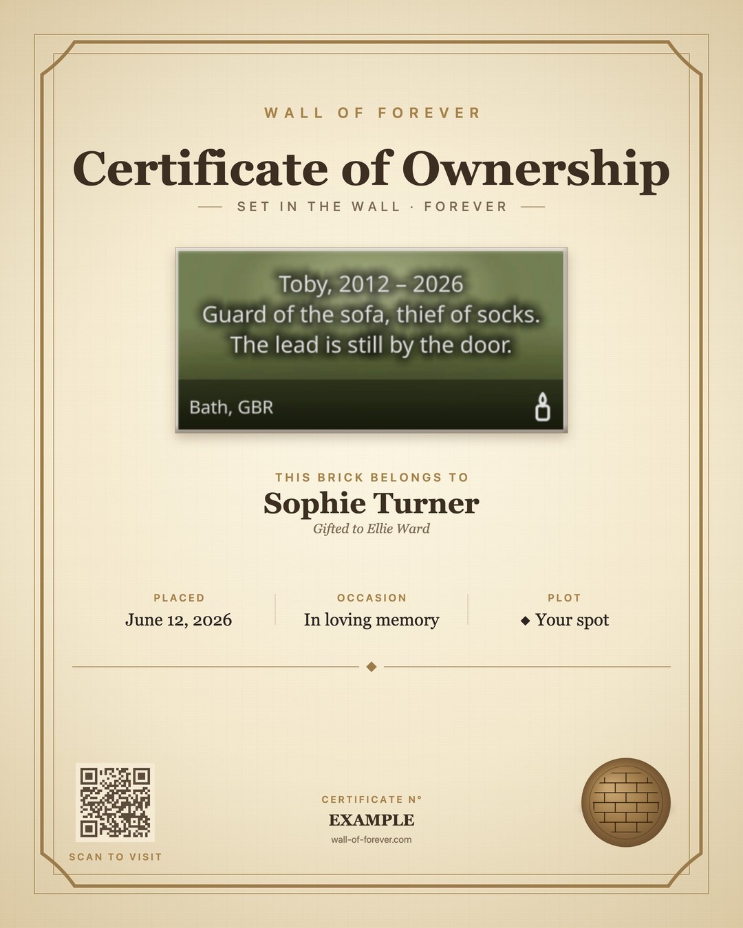 An example certificate for Toby, 2012 – 2026, gifted to a friend: “Guard of the sofa, thief of socks. The lead is still by the door.”