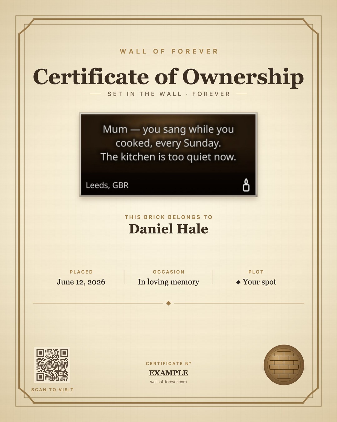 An example certificate: “Mum — you sang while you cooked, every Sunday. The kitchen is too quiet now.”