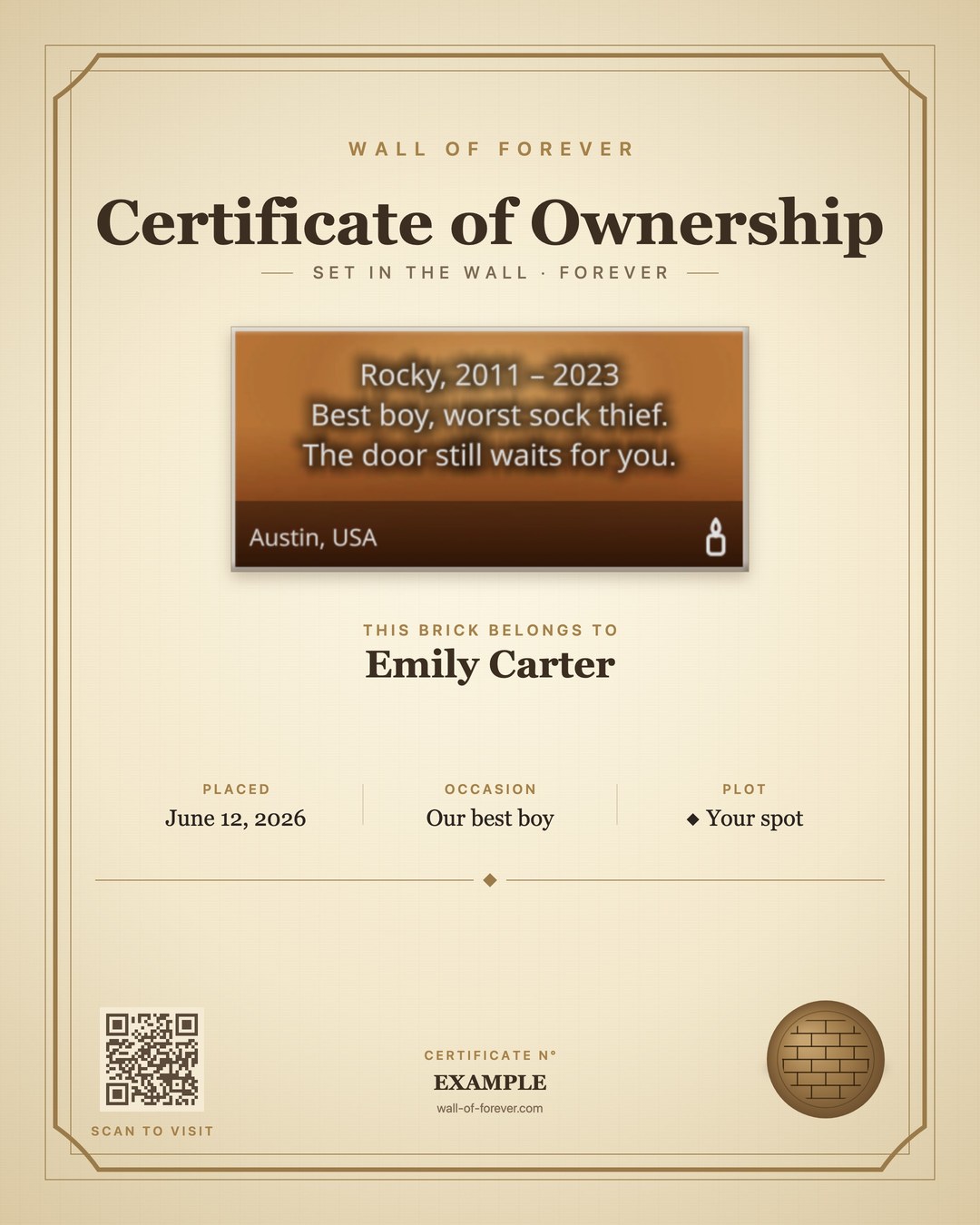 An example certificate for Rocky, 2011 – 2023: “Best boy, worst sock thief. The door still waits for you.”