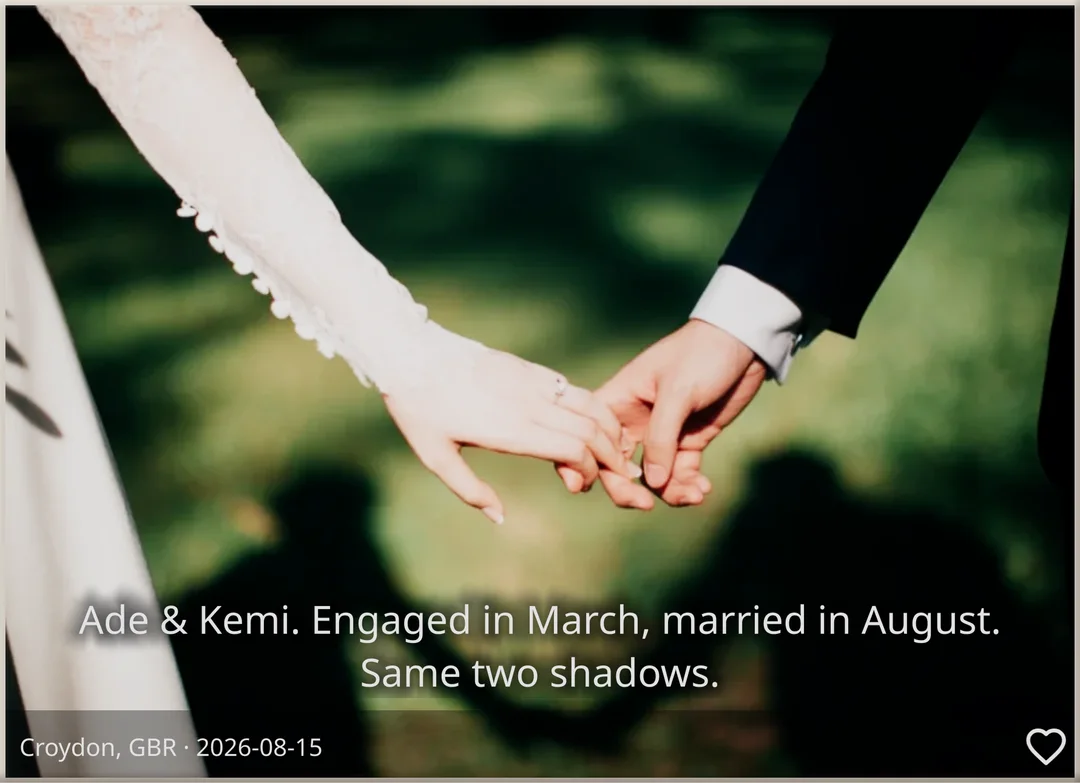 A tall brick: a bride and groom holding hands, their two shadows on the grass, with “Ade & Kemi. Engaged in March, married in August. Same two shadows.”