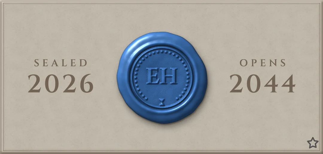 A sealed time capsule brick: a blue wax seal pressed with EH, sealed 2026, opens 2044