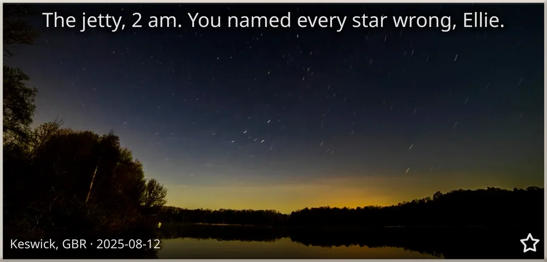 A brick on the Wall of Forever: star trails over a lake at night, with the words “The jetty, 2 am. You named every star wrong, Ellie.”