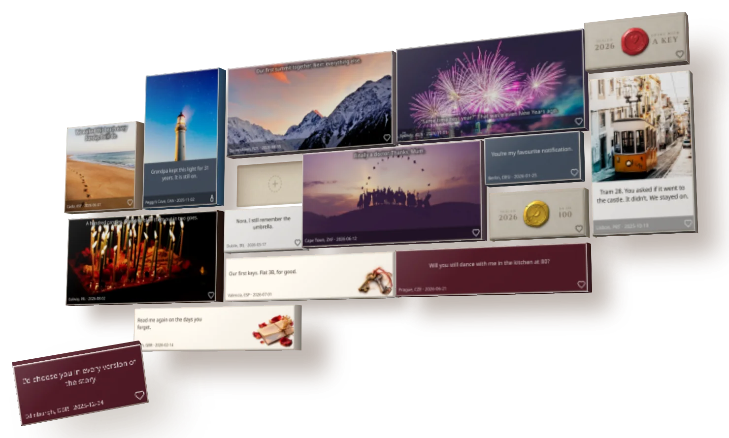 A piece of the wall in 3D, each brick standing out by its own depth: a lighthouse, a summit at sunrise, fireworks over Sydney, Lisbon's tram 28, a hundred birthday candles — one brick on its way out, and one spot still free