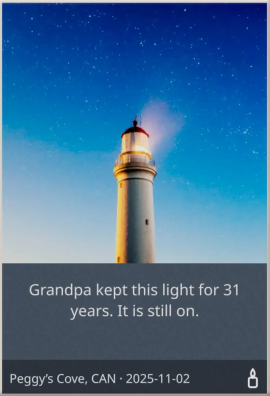 A lighthouse at night: “Grandpa kept this light for 31 years. It is still on.”
