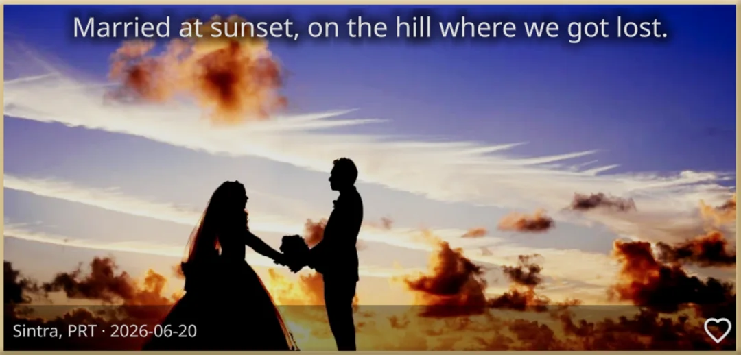 A wedding at sunset: “Married at sunset, on the hill where we got lost.”